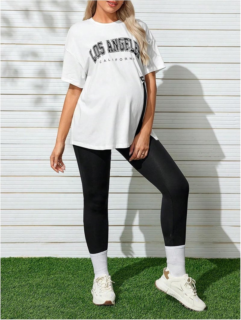 MakeMeChic Women's Maternity 2 Piece Outfits Sport Letter Graphic Tee and Adjustable Elastic Waist Legging - Image 2